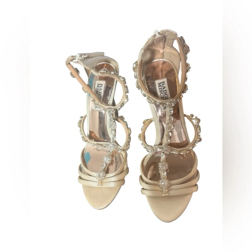 Badgley Mischka Thelma Ankle Strap Heels with Crystal Flower Detailing - Picture 2 of 9